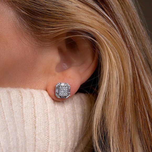 Gold CZ Stud Earrings, 14k Gold Plated 10mm Icy Bling Square CZ Studs - Picture 1 of 9